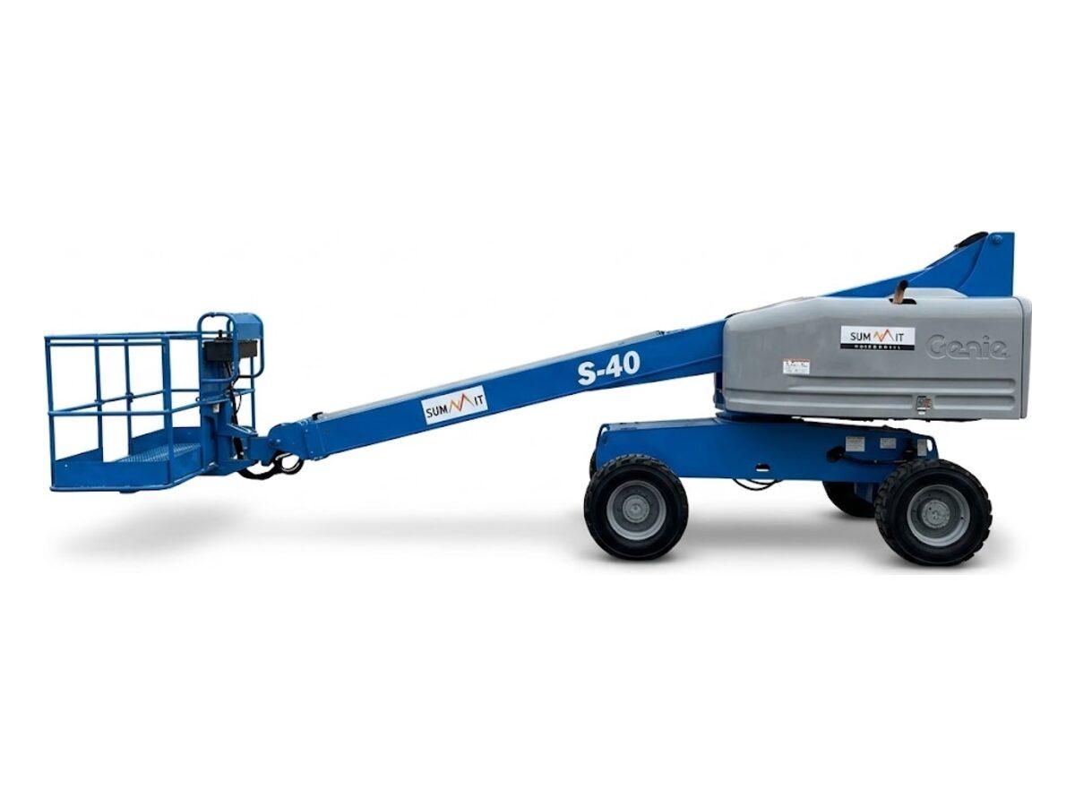 Genie S-40 straight boom lift in side profile with the boom lowered for transport, delivered across Phoenix, AZ