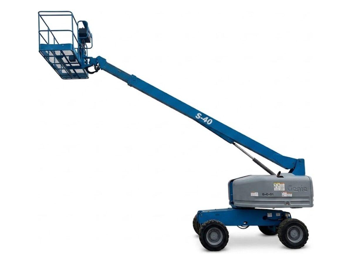 Genie S-40 40 ft telescopic boom lift with the boom raised, showing its horizontal reach