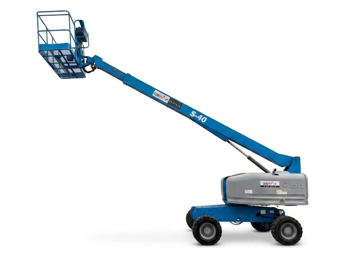 Side view of the Genie S-40 straight boom lift raised toward full working height