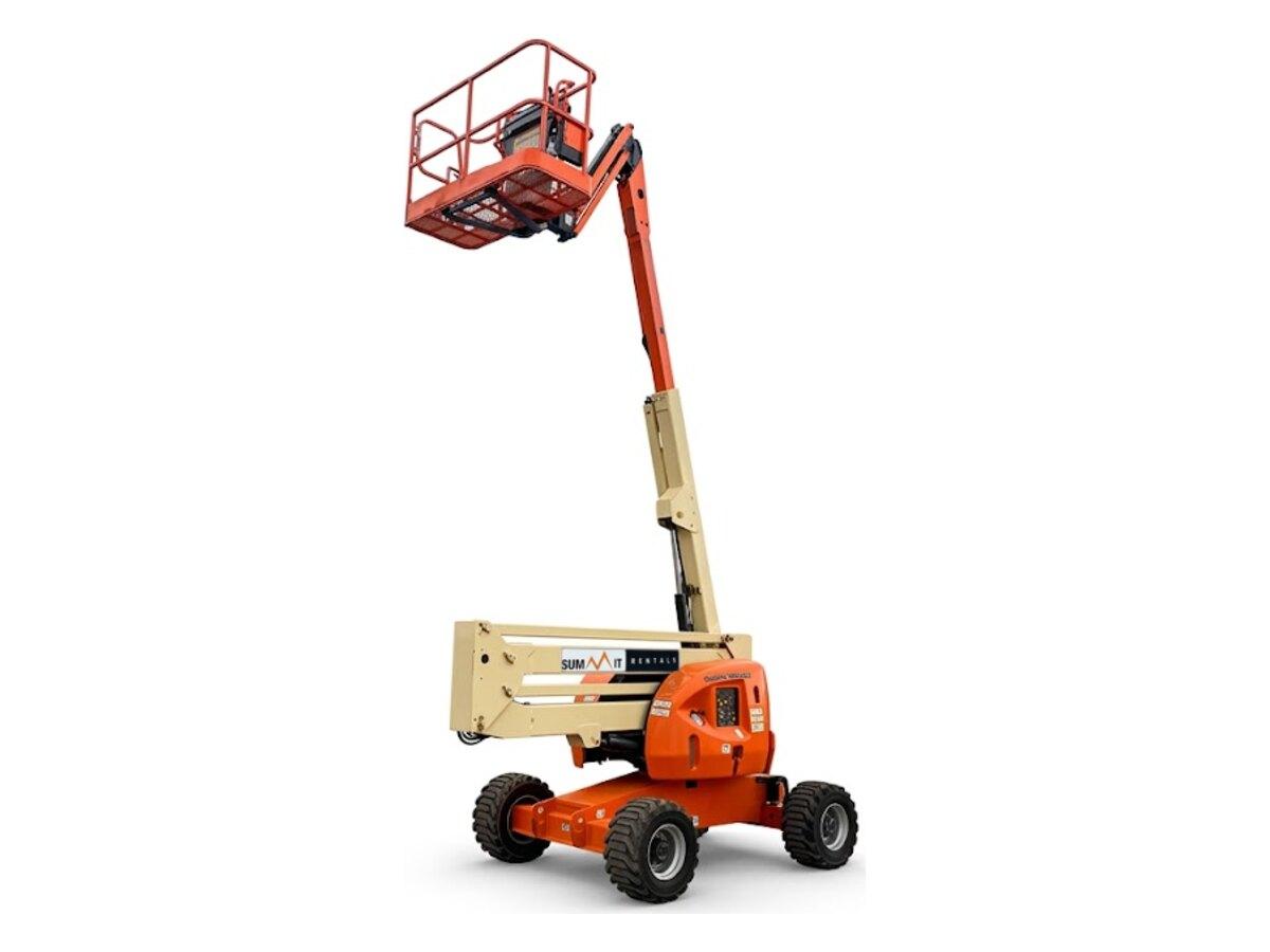 JLG 450AJ knuckle boom lift raised to 45 ft of platform height, about 24 ft of up and over clearance for Phoenix-area projects