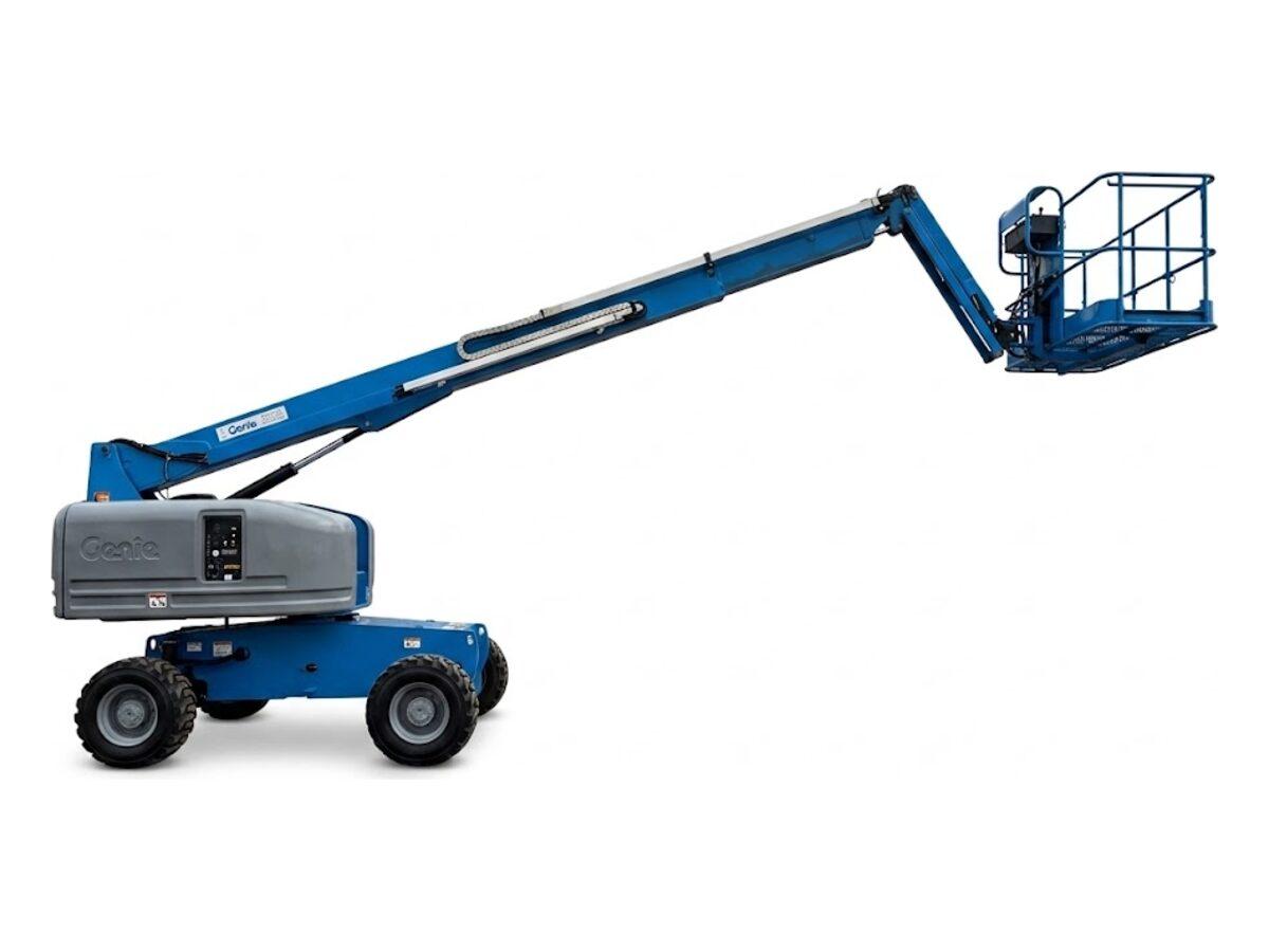Genie S-45 straight boom lift with the boom raised and extended, showing its 36 ft 6 in horizontal reach