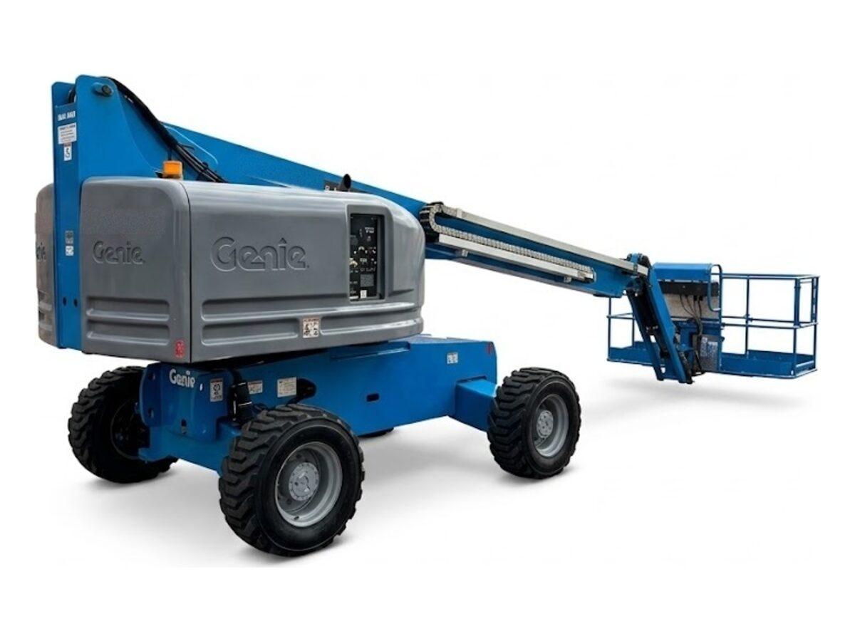 Genie S-45 4WD diesel boom lift for rough terrain job sites in Phoenix, AZ, with the boom lowered