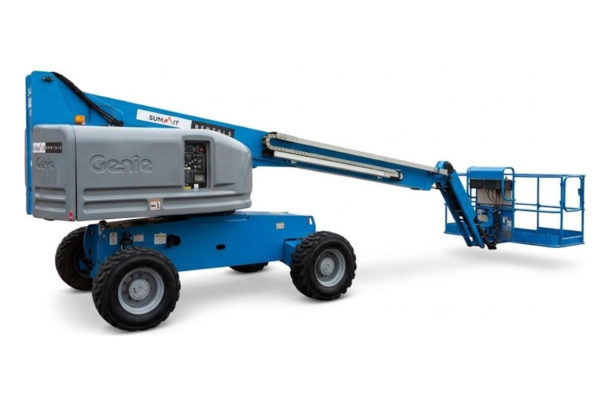 Summit Rentals Genie S-45 45 ft telescopic boom lift for rent in Phoenix, AZ, with the boom lowered and the platform out front