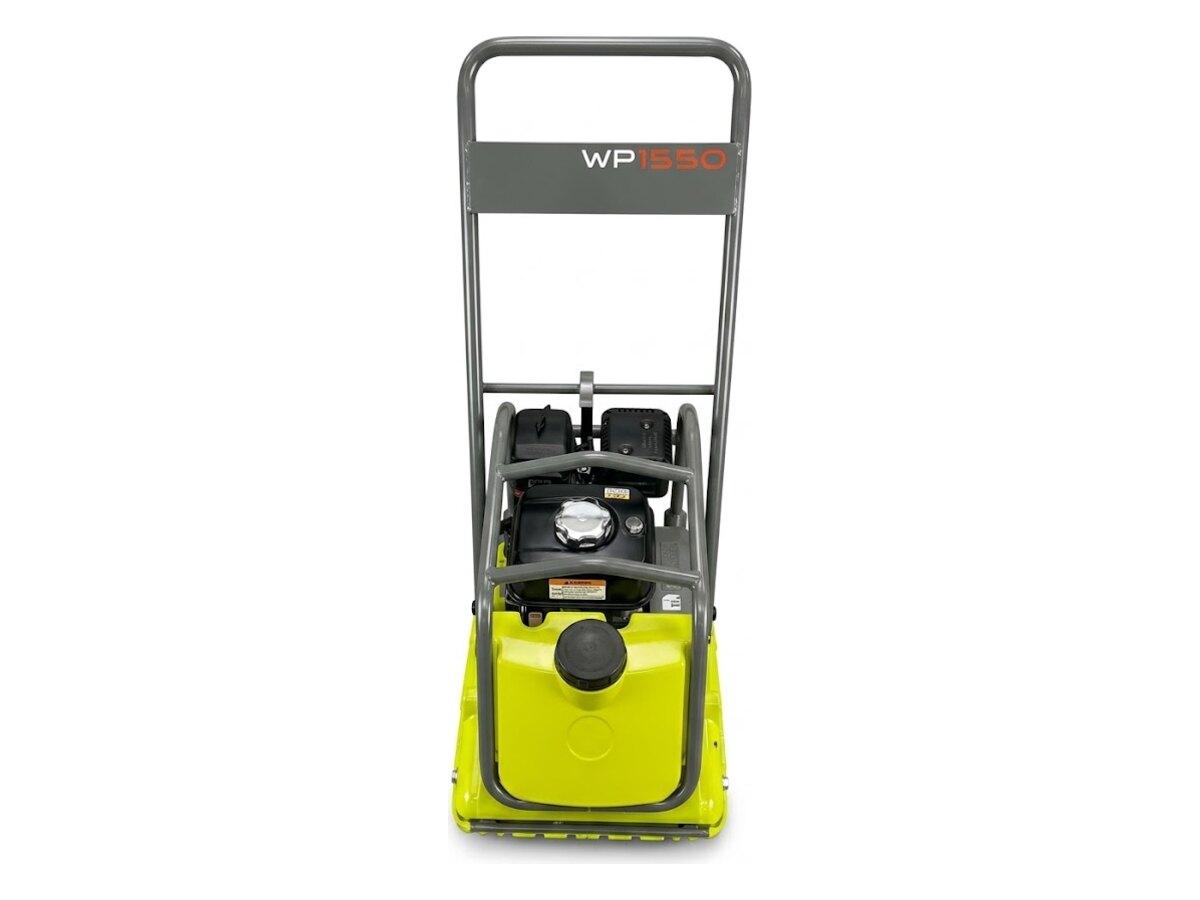Rear view of the Wacker Neuson WP1550 plate compactor with its folding handle, for compacting gravel and soil in Phoenix, AZ