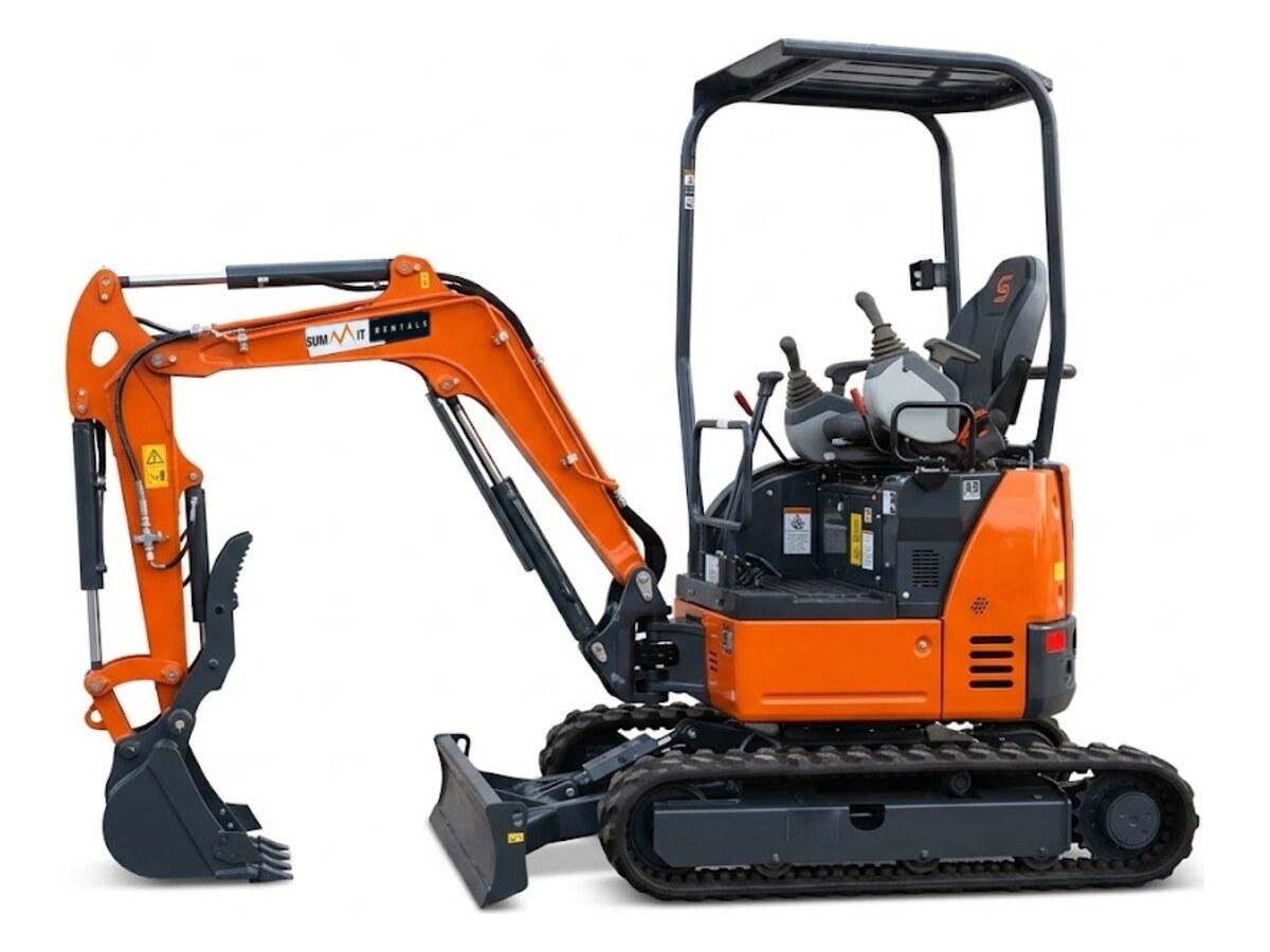 Side view of the Summit Rentals Hitachi ZX17U mini excavator with a hydraulic thumb and the dozer blade lowered for backfilling