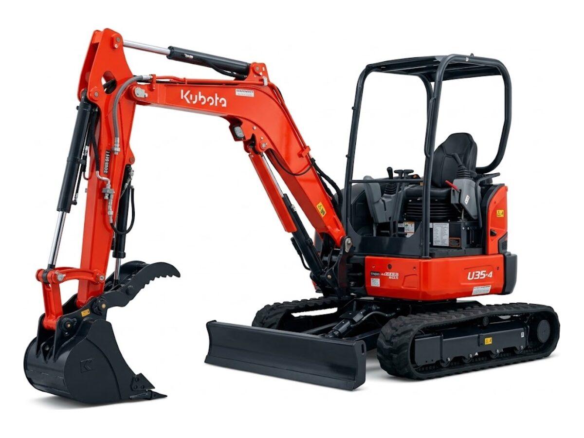 Kubota U35-4 8,000 lb mini excavator with the boom raised, showing its 10 ft 5 in dig depth for trenching and footings