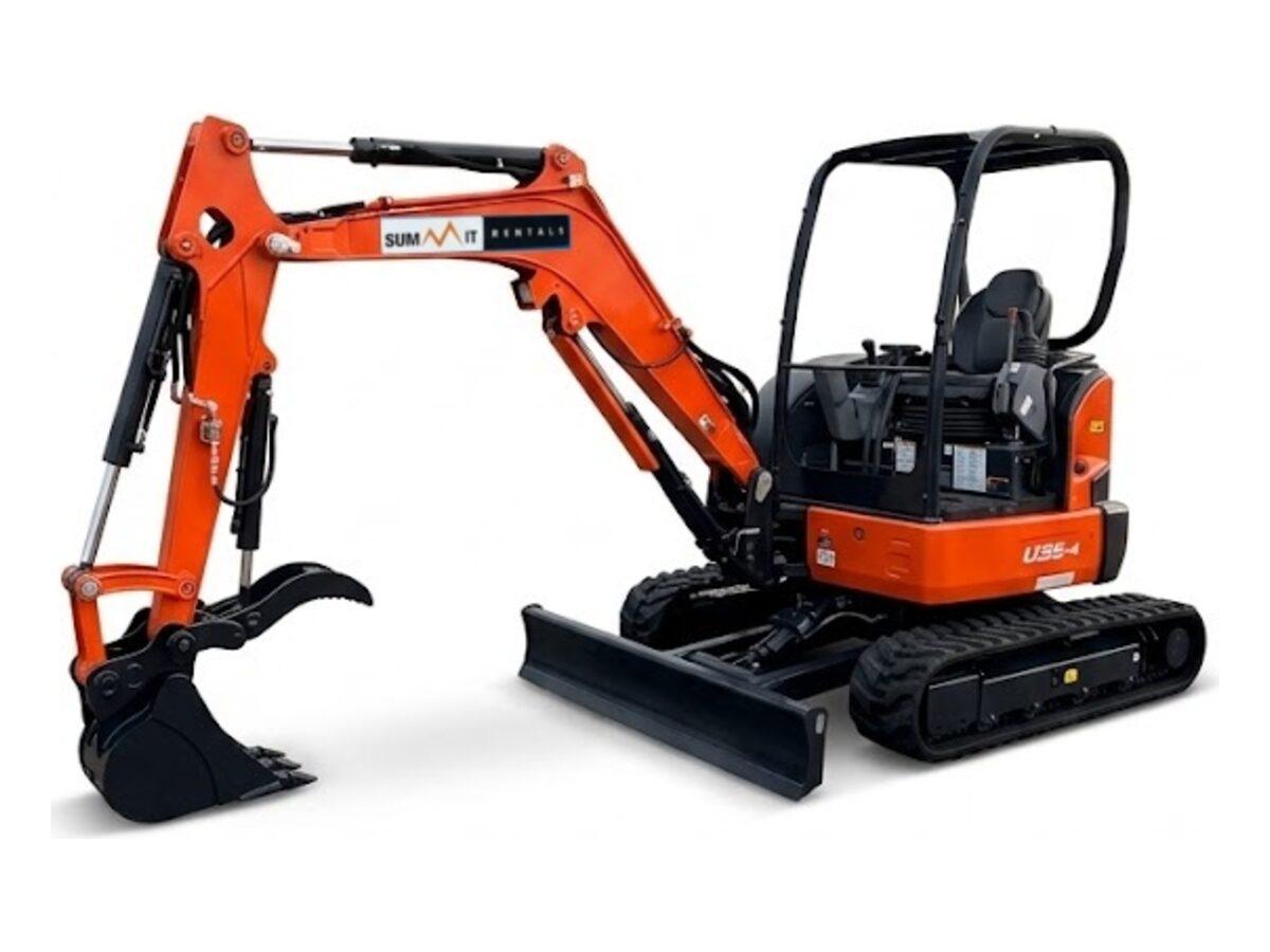 Kubota U35-4 mini excavator with the boom extended and dozer blade lowered, delivered to job sites across the Phoenix valley