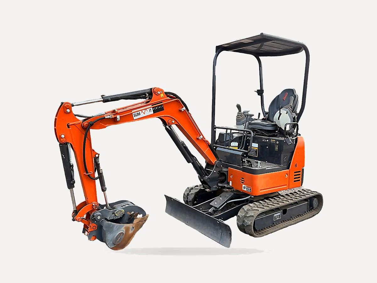 Hitachi ZX17U 4,000 lb class mini excavator with the dozer blade lowered, for rent from Summit Rentals in Phoenix, AZ