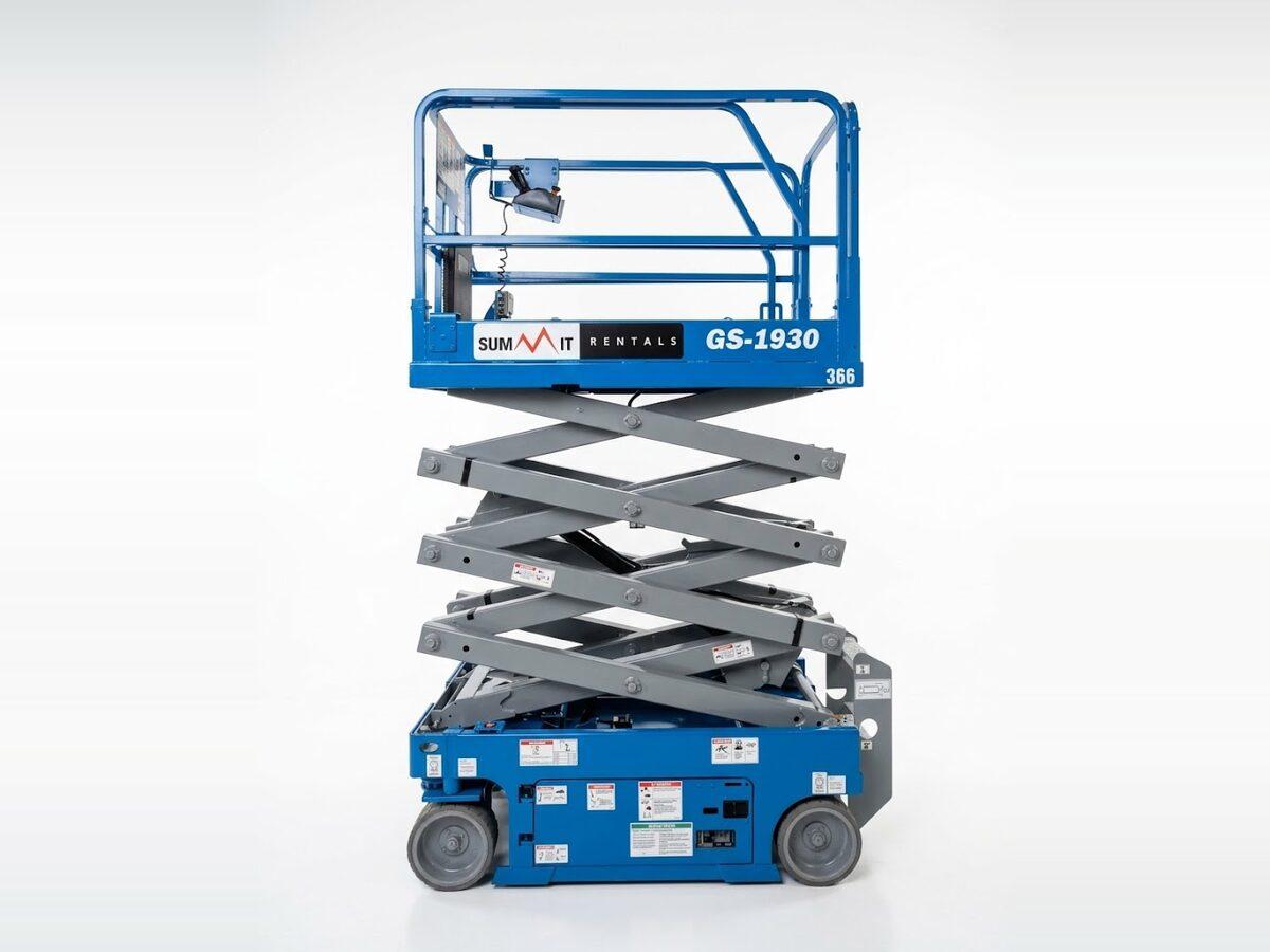 Genie GS-1930 19 ft scissor lift raised to full height, delivered to job sites across Phoenix, AZ