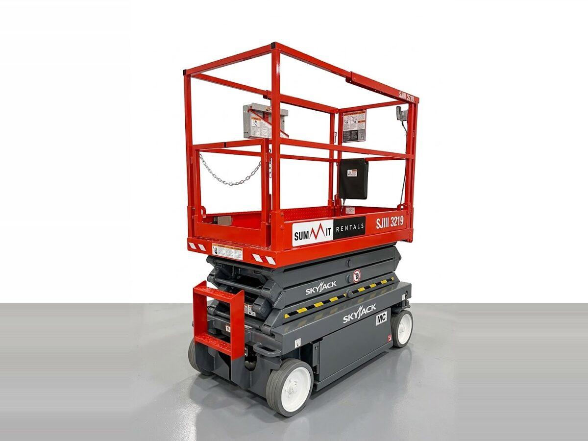Summit Rentals Skyjack SJIII 3219 19 ft electric scissor lift for rent in Phoenix, AZ, with the platform lowered