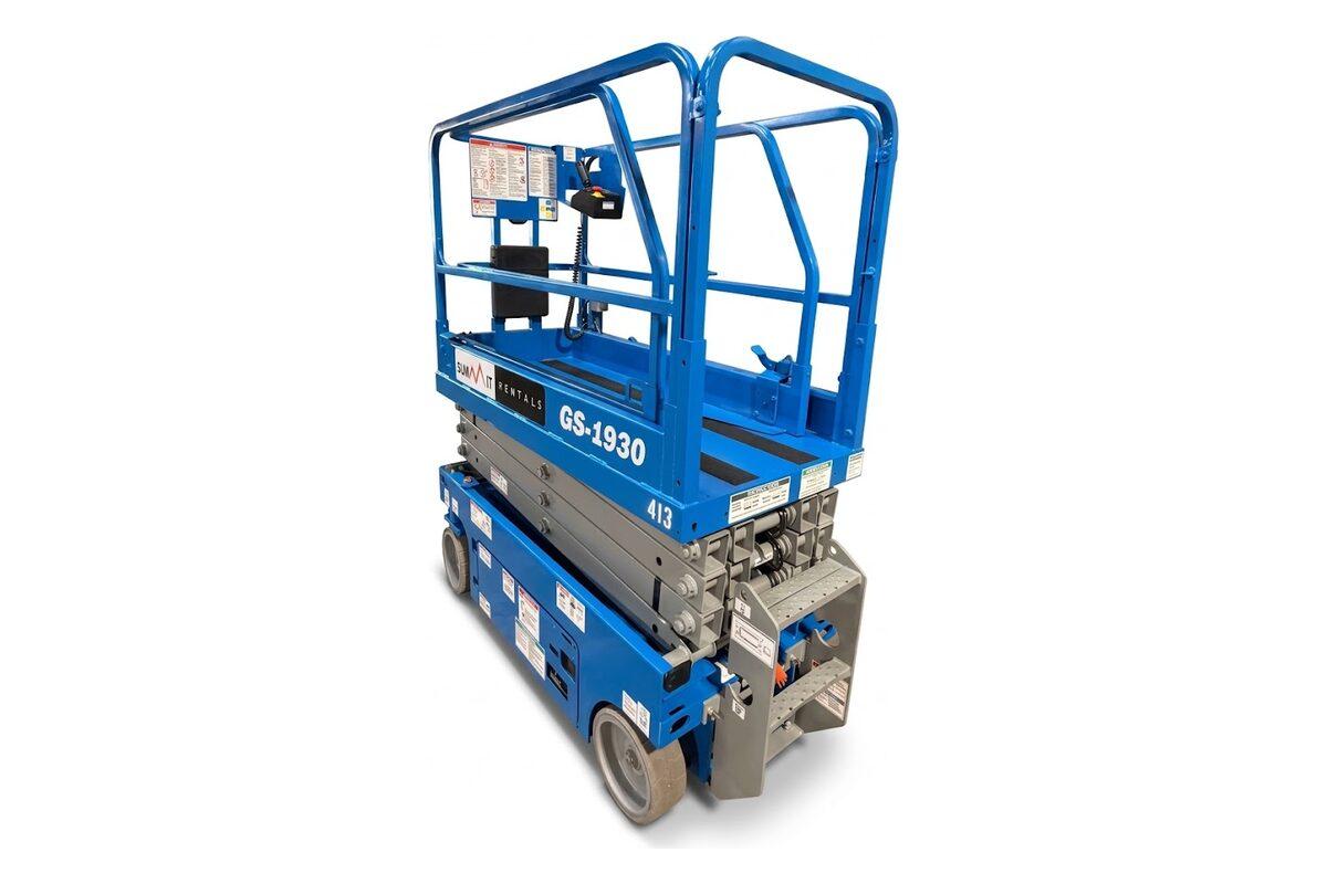 Summit Rentals Genie GS-1930 19 ft electric scissor lift for rent in Phoenix, AZ, with the platform lowered