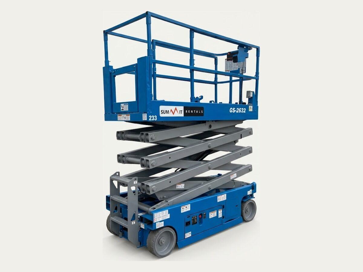 Genie GS-2632 26 ft scissor lift raised to full height, delivered to job sites across Phoenix, AZ