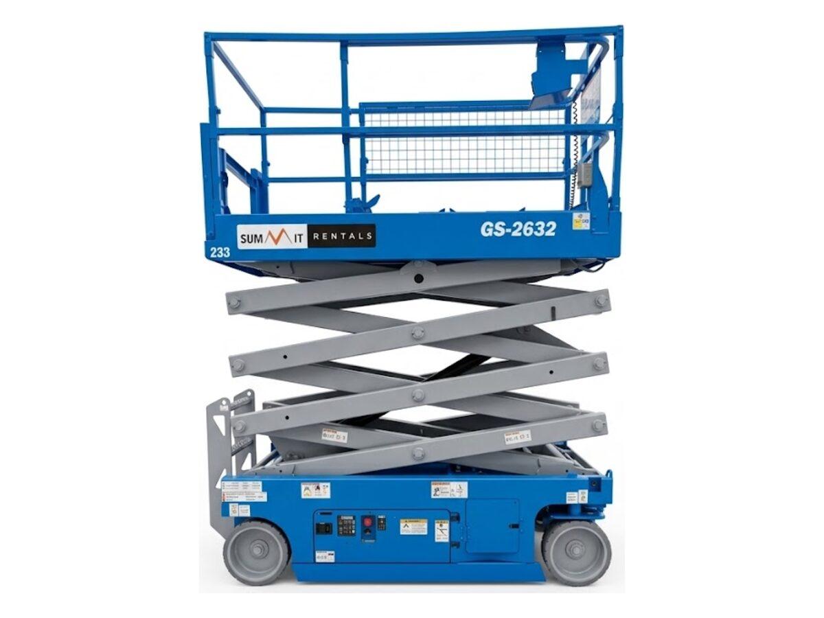 Side view of the Genie GS-2632 electric scissor lift fully raised, 32 in wide to fit through standard doors