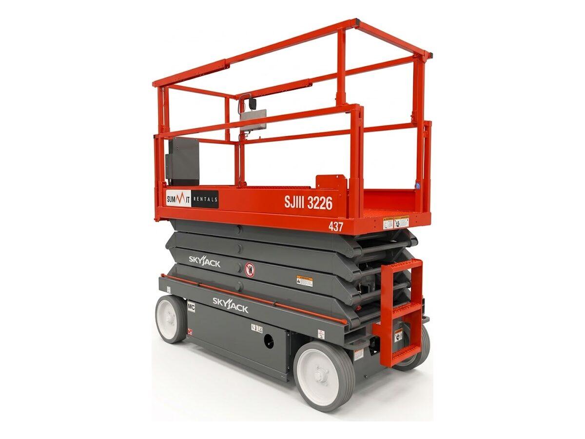 Summit Rentals Skyjack SJIII 3226 26 ft electric scissor lift for rent in Phoenix, AZ, with the platform lowered