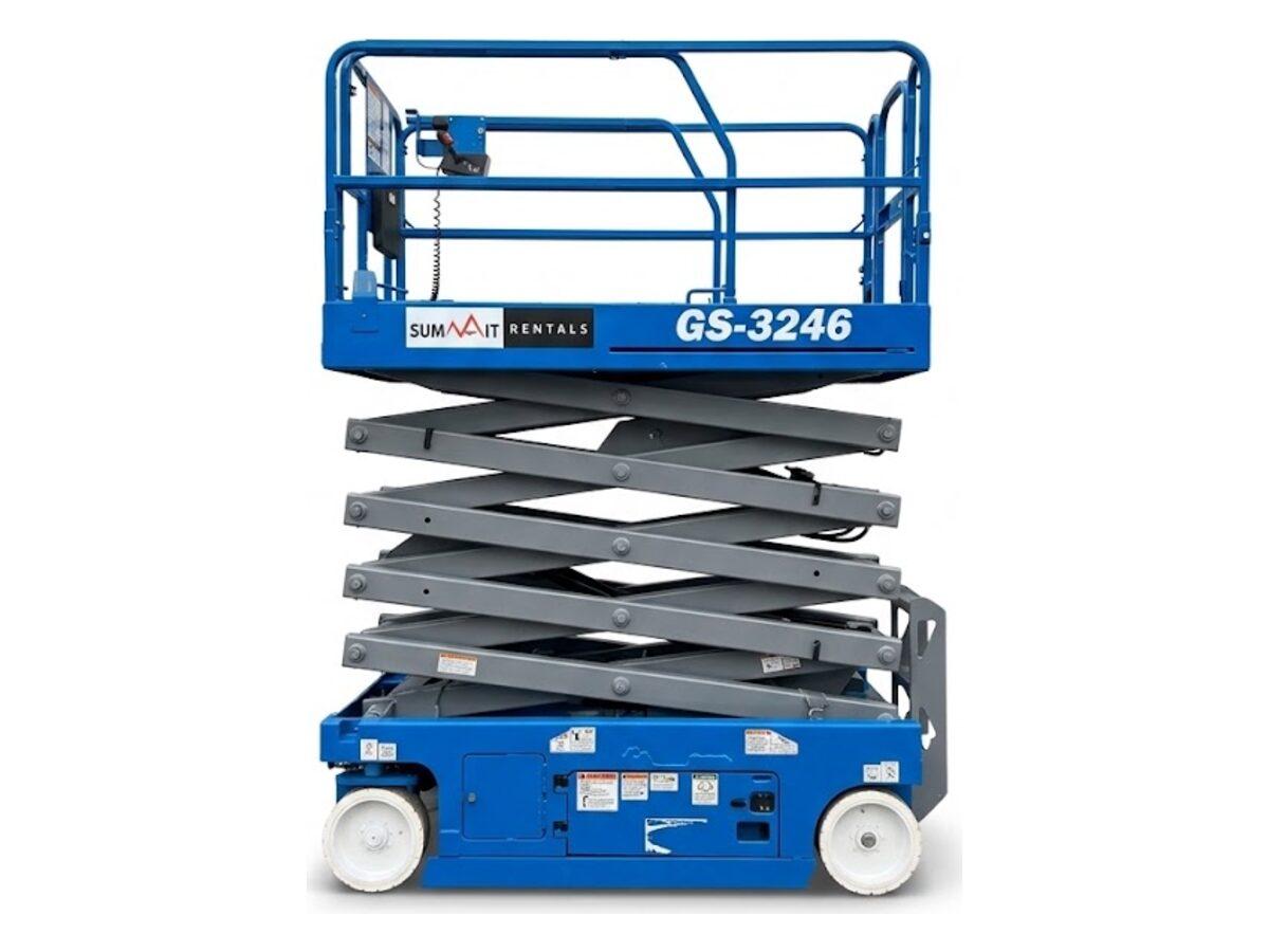 Genie GS-3246 32 ft scissor lift raised to full height, delivered to warehouses and job sites across Phoenix, AZ
