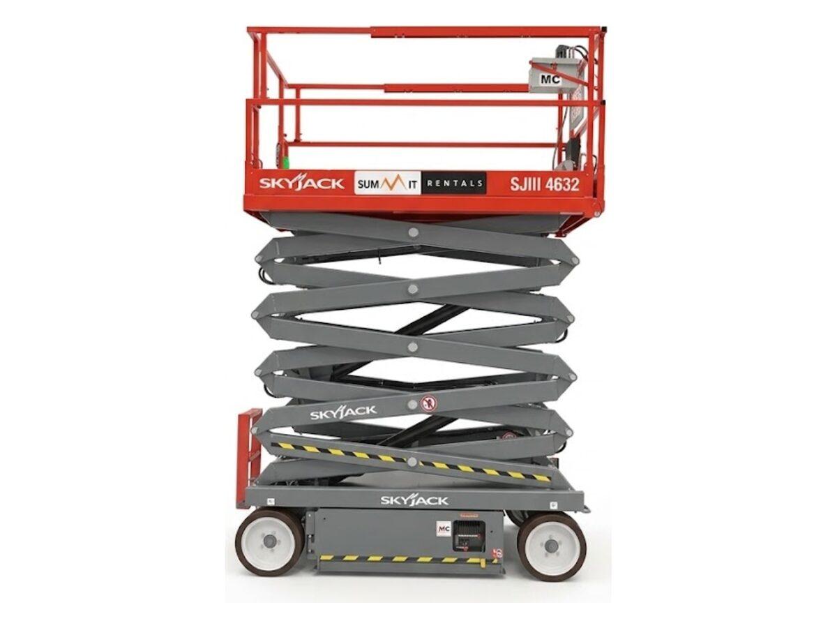 Summit Rentals Skyjack SJIII 4632 32 ft electric scissor lift raised to full height, for rent in Phoenix, AZ