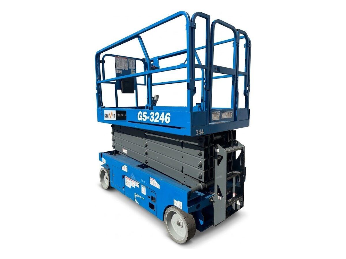 Genie GS-3246 electric scissor lift with the platform lowered, showing the entry ladder and platform guardrails
