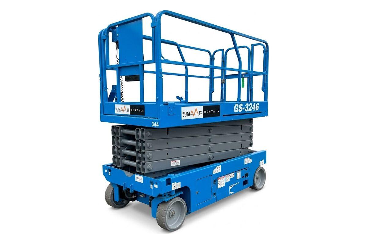 Summit Rentals Genie GS-3246 32 ft electric scissor lift for rent in Phoenix, AZ, with the platform lowered