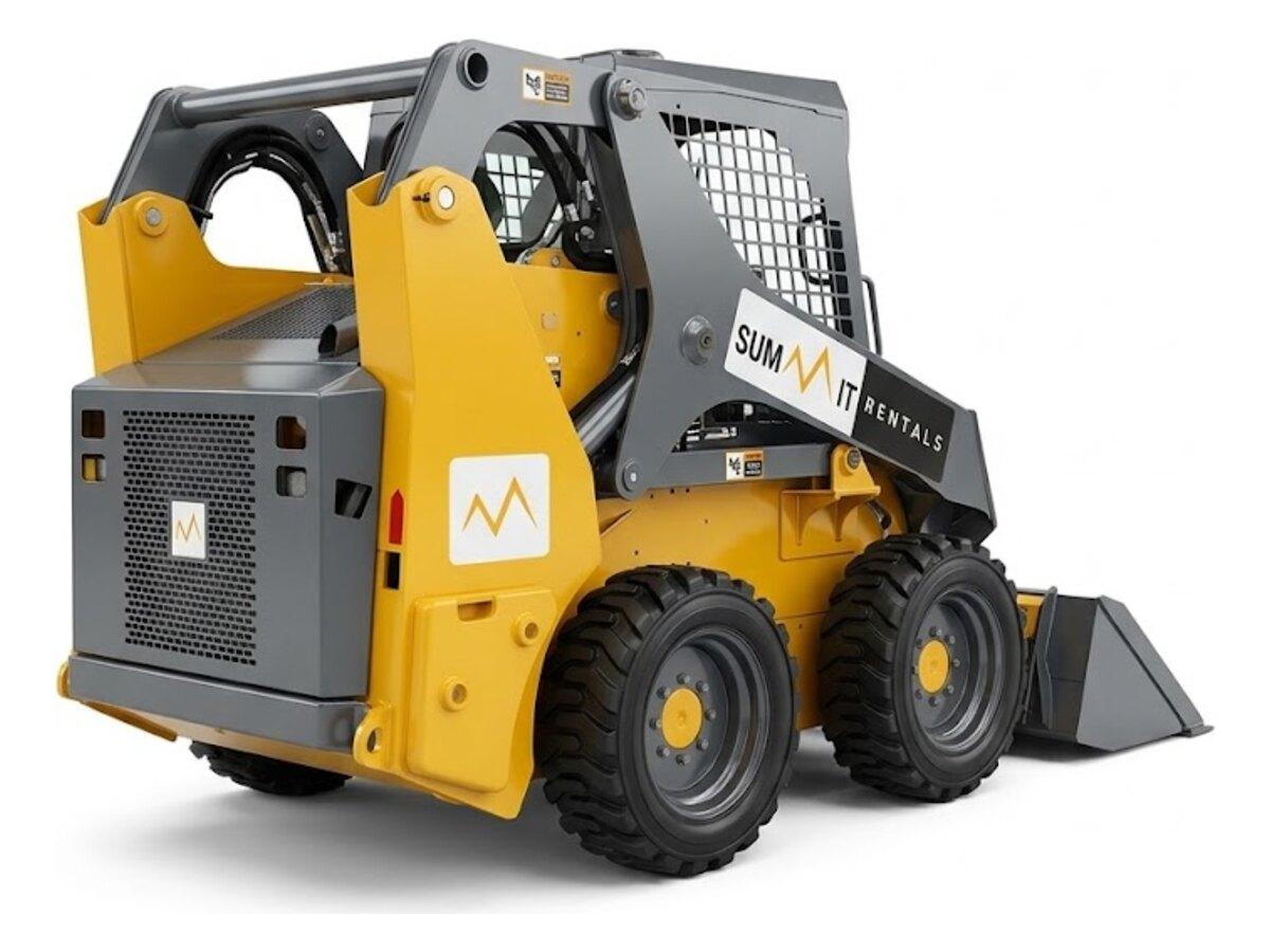 Rear view of the Summit Rentals John Deere 318G skid steer on rough terrain tires for Phoenix-area job sites