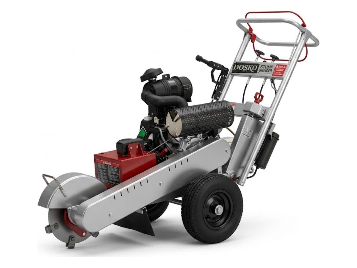 Dosko 620-20HE stump grinder with the cutting wheel and guard in view, grinding 16 in below grade in Phoenix-area yards