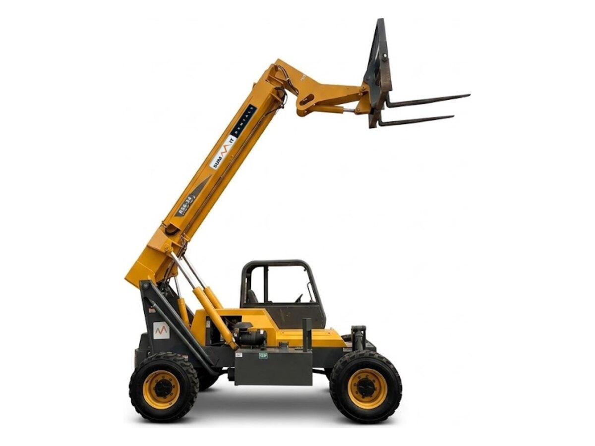 Side view of the Gehl RS6-34 rough terrain telehandler with the boom raised, showing its 23 ft forward reach