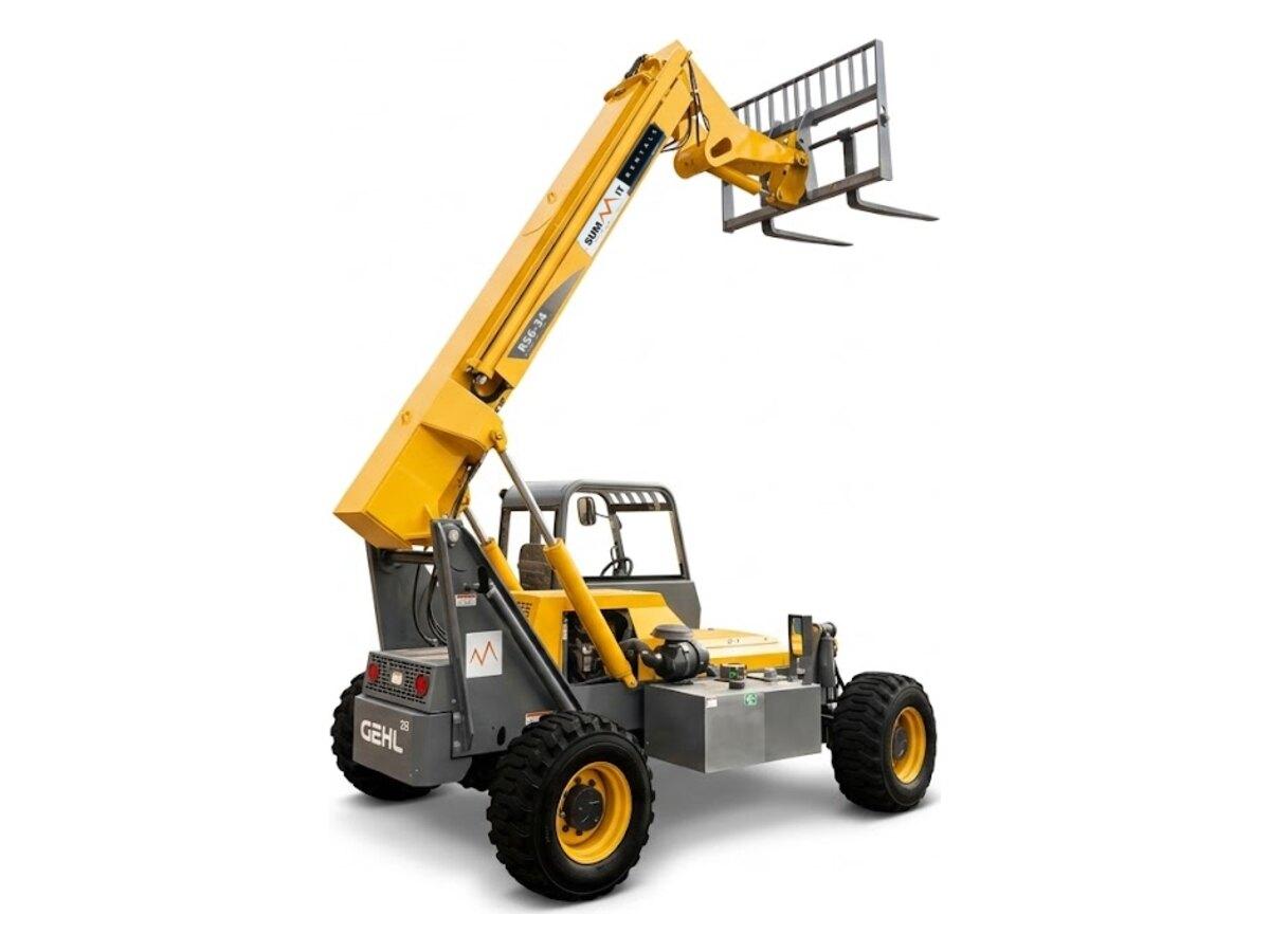Rear view of the Summit Rentals Gehl RS6-34 telehandler with the forks raised on a Phoenix-area construction site