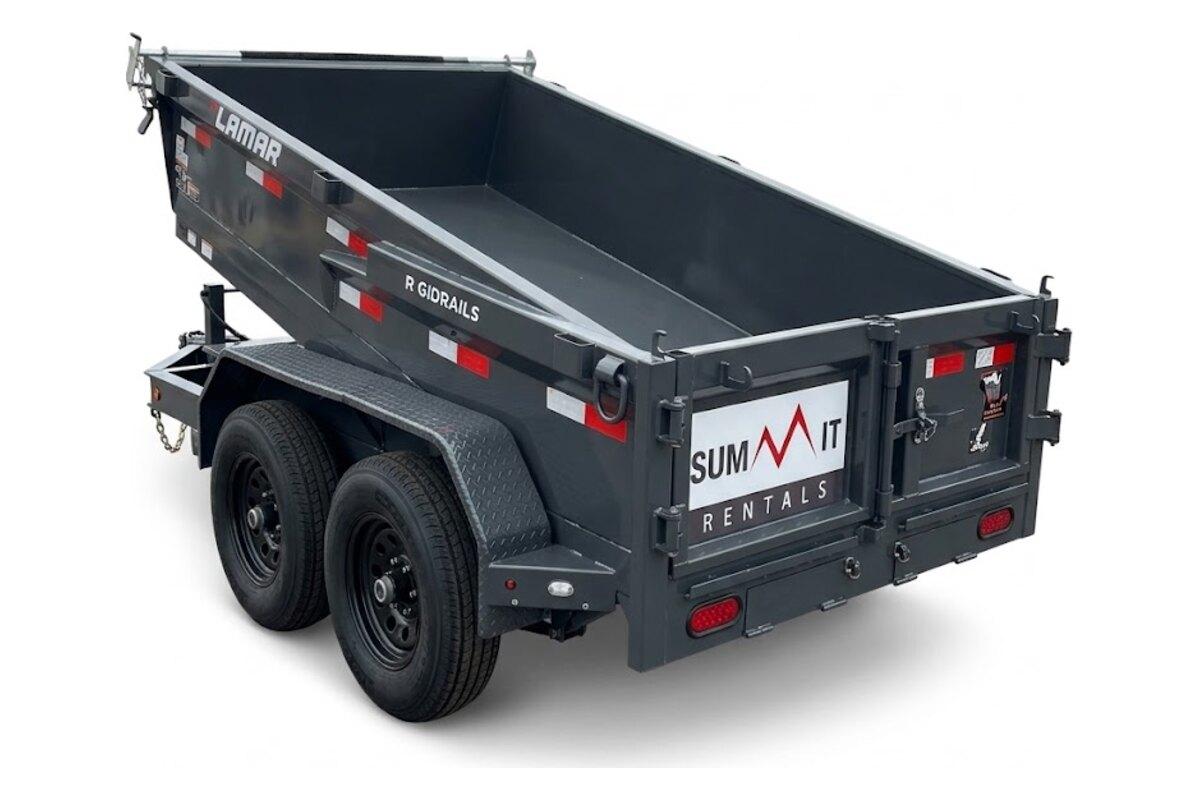 Summit Rentals Lamar 10 ft low profile dump trailer for rent in Phoenix, AZ, with a 5 ft by 10 ft box and Summit decal on the rear gate