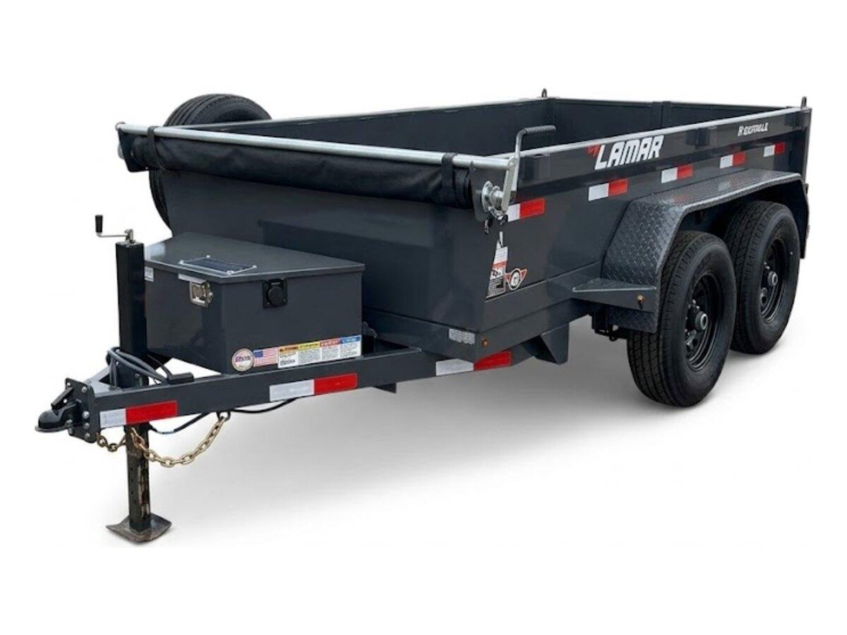 Lamar 10 ft dump trailer with tandem axles and a tarp roller, for hauling debris across the Phoenix valley