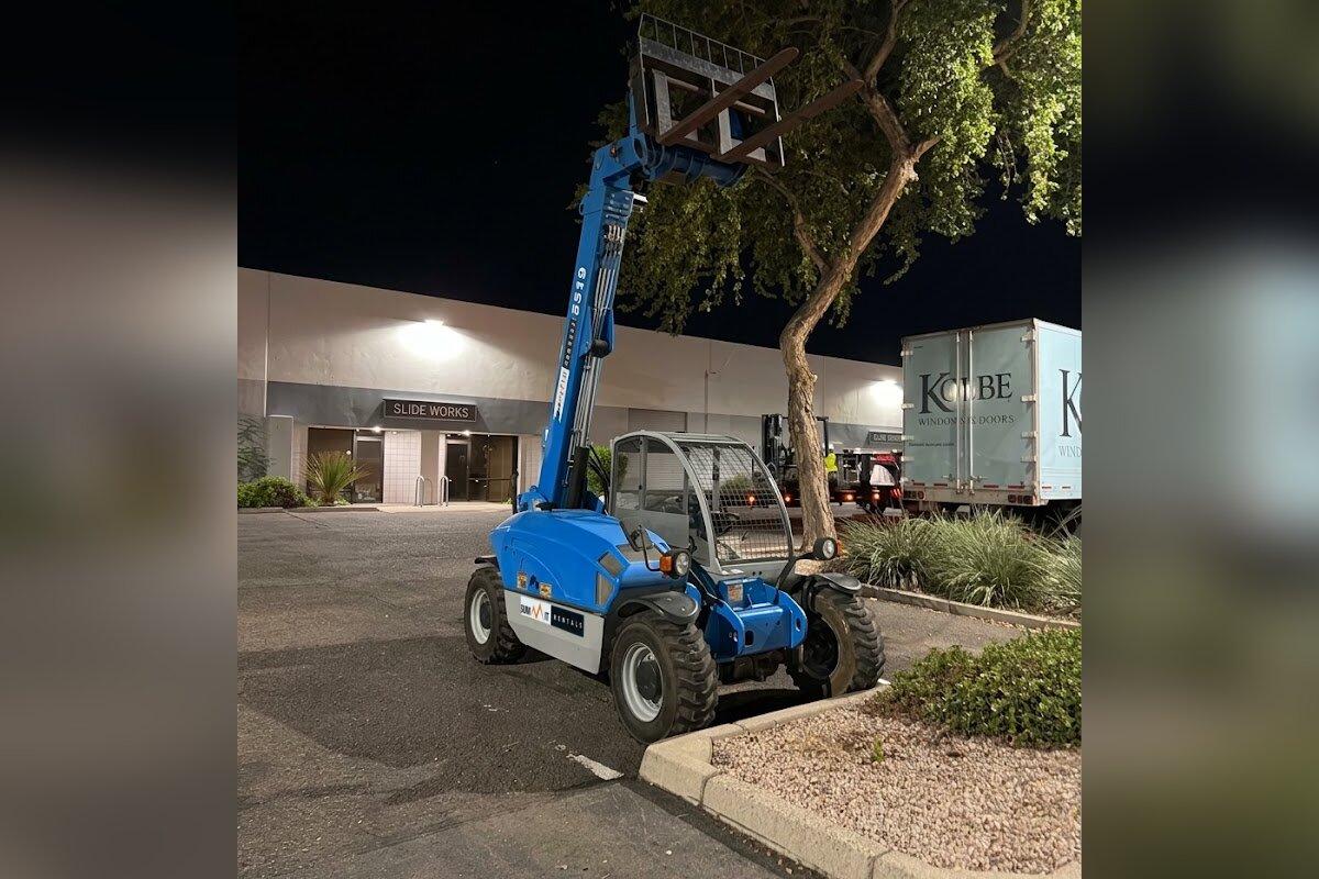 Genie GTH-5519 19 ft telehandler rental delivered early in the morning by Summit Rentals to a commercial business park in Tempe, AZ