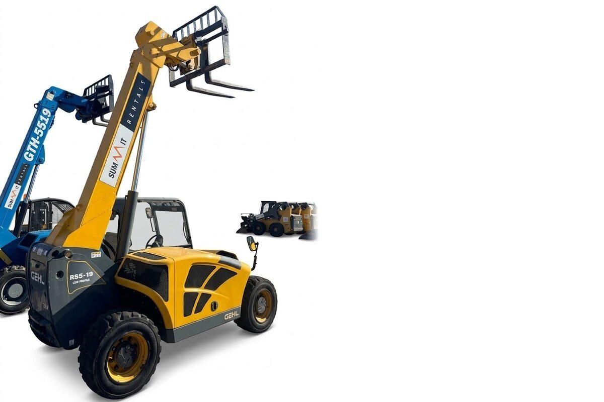 Gehl RS5-19 and Genie GTH-5519 telehandlers with Summit Rentals decals and a row of skid steers at our locally owned equipment yard in Phoenix, AZ