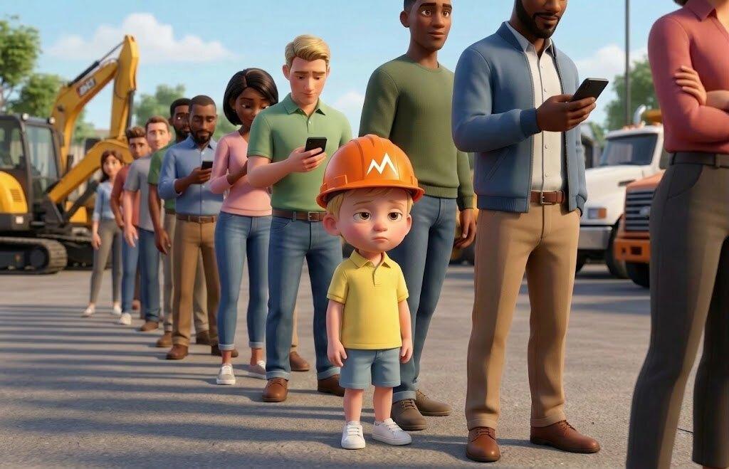 A boy in an orange Summit Rentals hard hat stuck in a long line of customers at a big equipment rental yard, the wait Summit Rentals customers in Phoenix never have