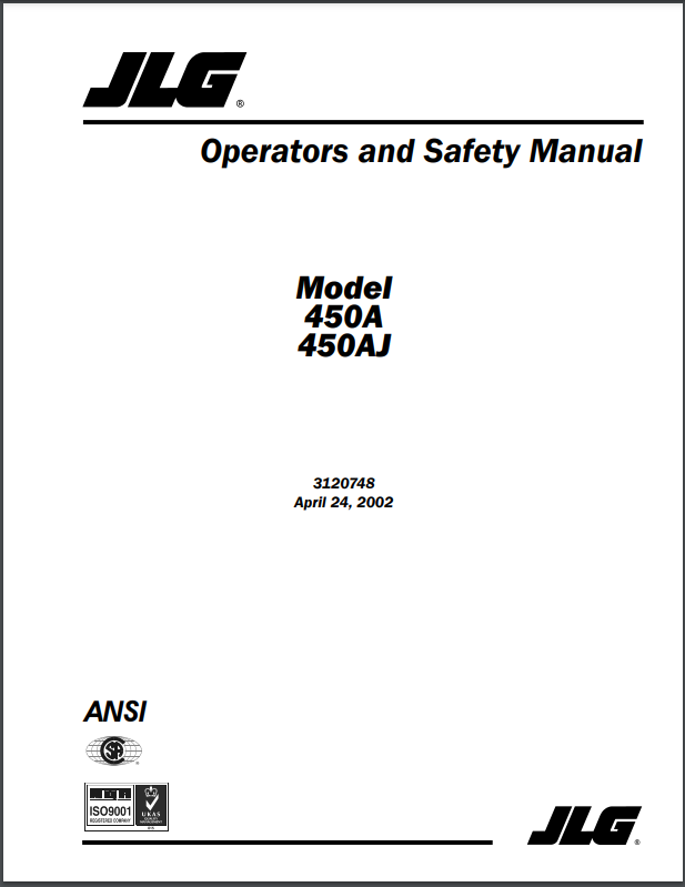 JLG 450-AJ 45' Articulating Boom Lift Reach OP Manual Cover